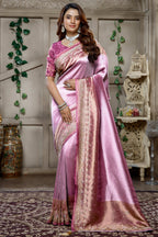 Designer Light Violet and Pink Tissue Silk Saree for grand festive celebrations