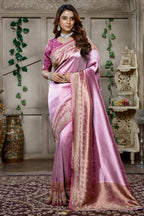 Light Violet and Pink Tissue Silk Saree featuring a radiant dual-toned metallic sheen