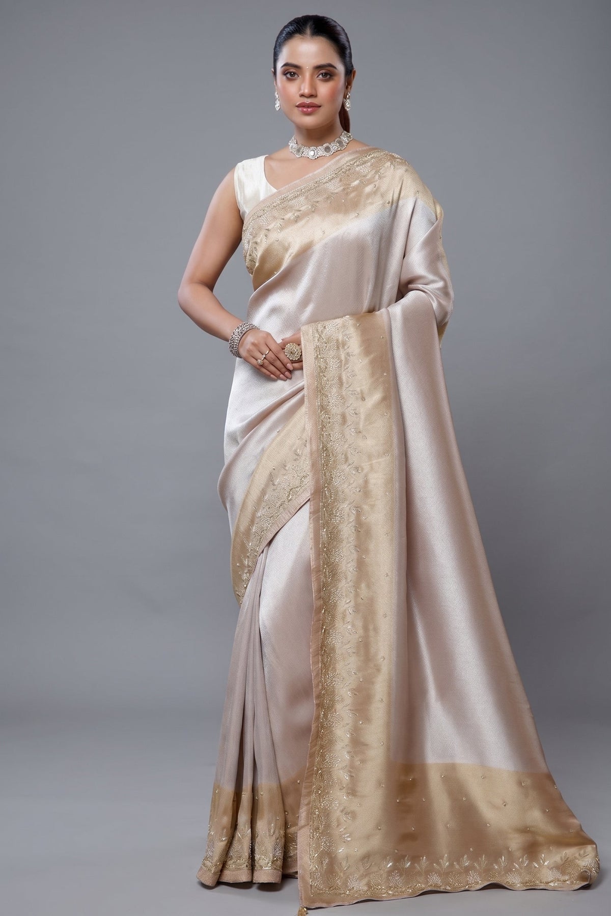 Silver and Golden Tissue Silk Saree - Front View