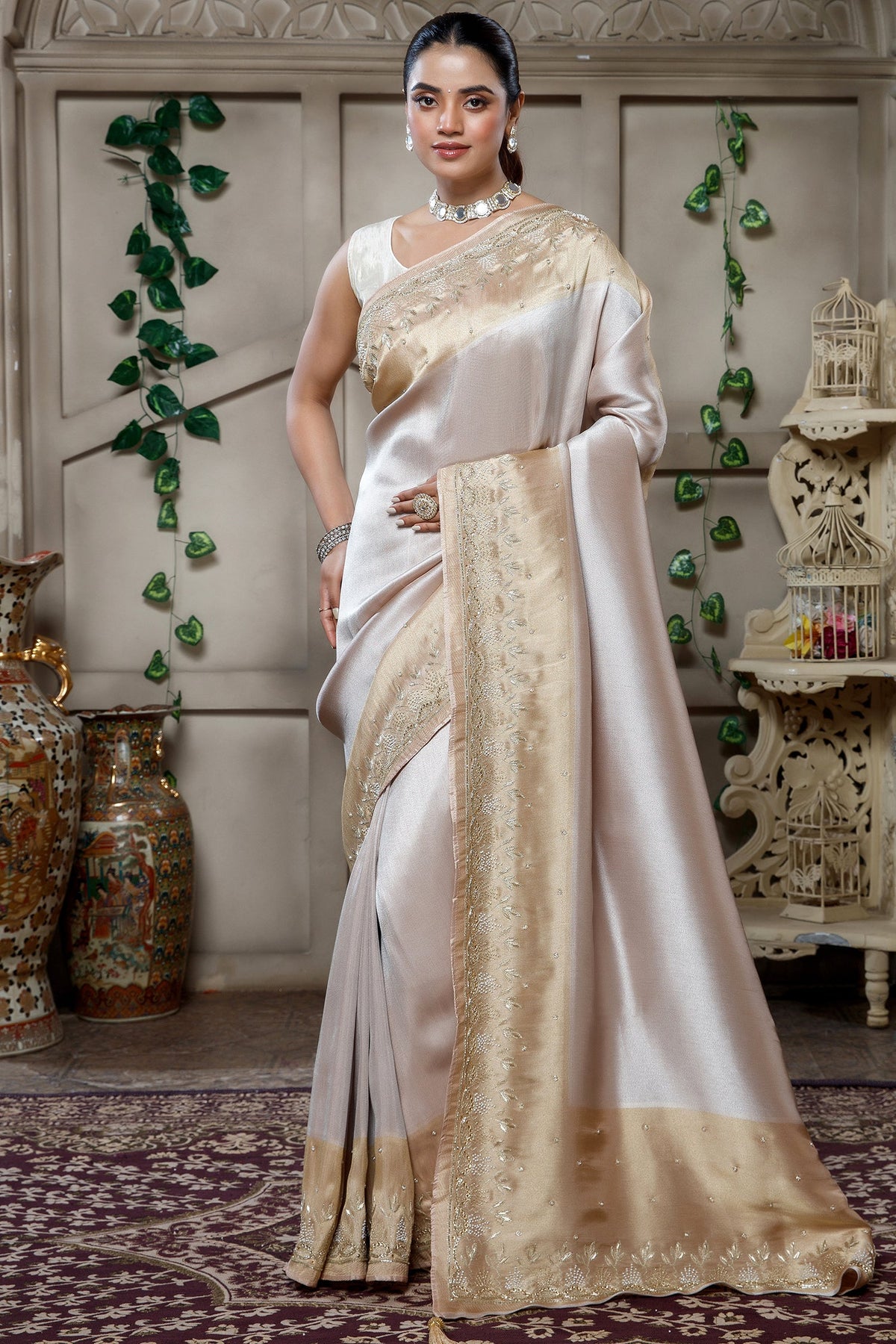 Silver and Golden Tissue Silk Saree featuring a rich dual-toned metallic sheen