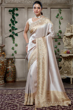Silver and Golden Tissue Silk Saree featuring a rich dual-toned metallic sheen