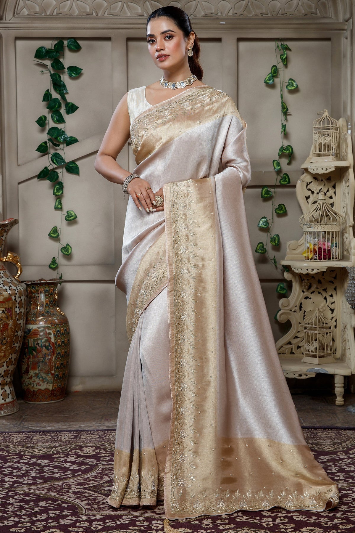 Designer Silver and Golden Tissue Silk Saree for grand wedding receptions