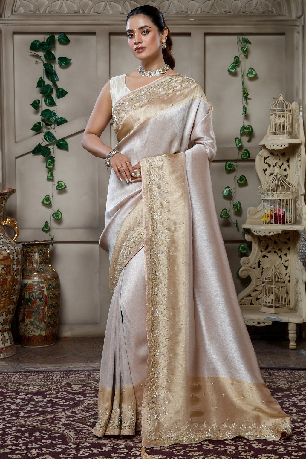 Designer Silver and Golden Tissue Silk Saree for grand wedding receptions
