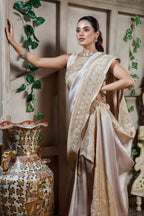 Designer Silver and Golden Tissue Silk Saree for grand wedding receptions