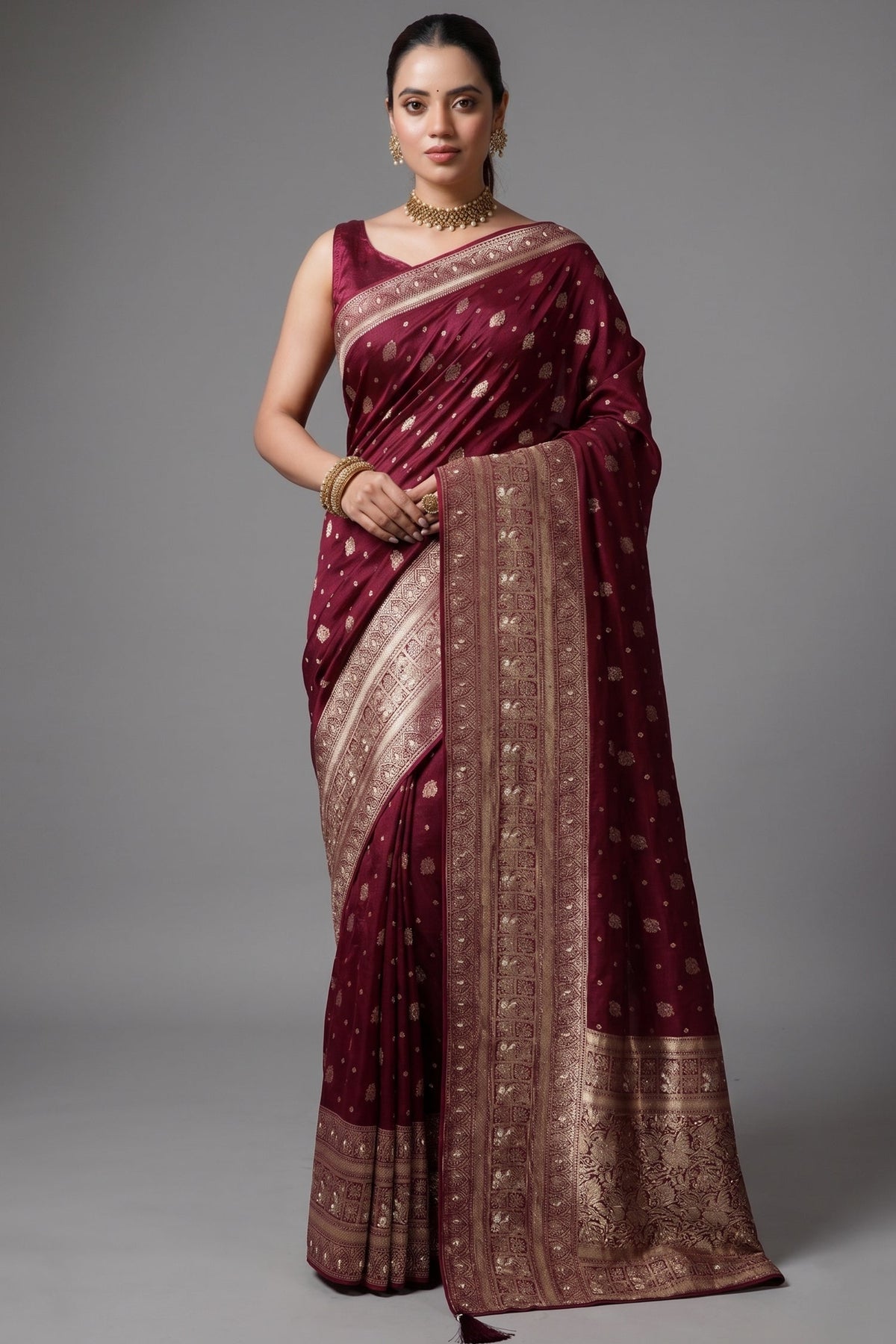 Magenta Dola Silk All Over Woven Saree - Front View