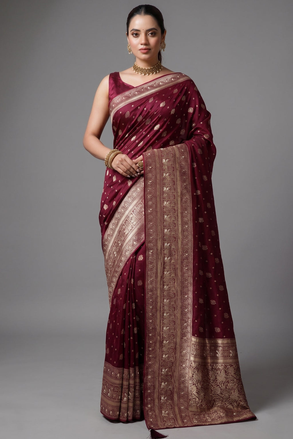 Magenta Dola Silk All Over Woven Saree - Front View
