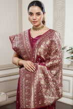 Magenta Dola Silk All Over Woven Saree styled with traditional jewelry