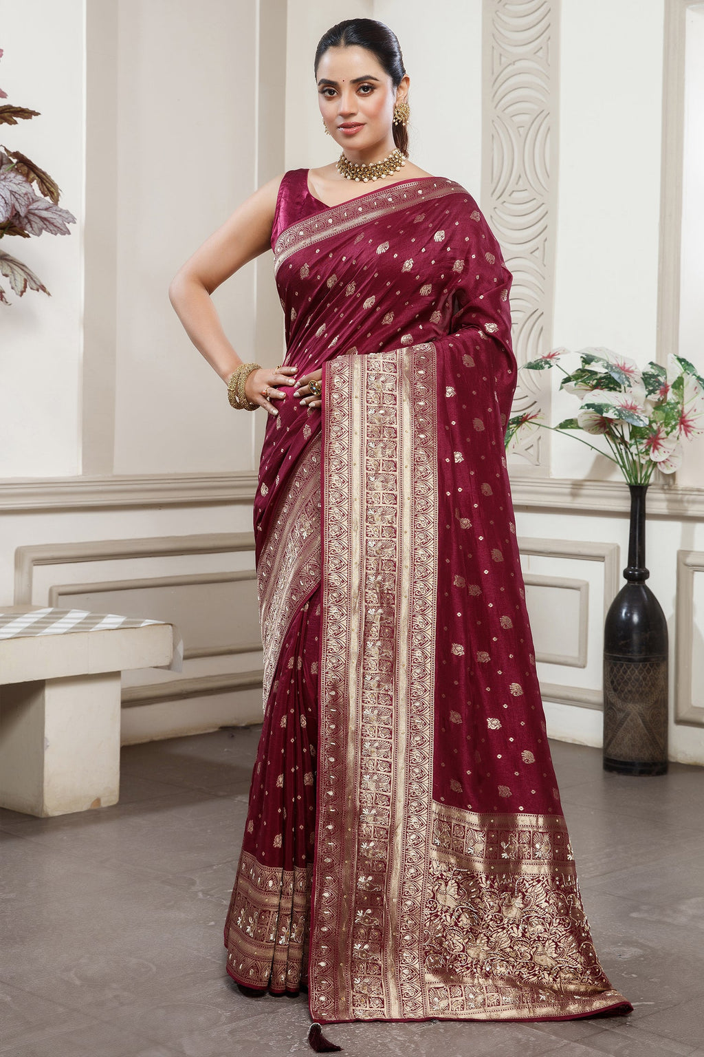 Magenta Dola Silk All Over Woven Saree featuring intricate woven patterns