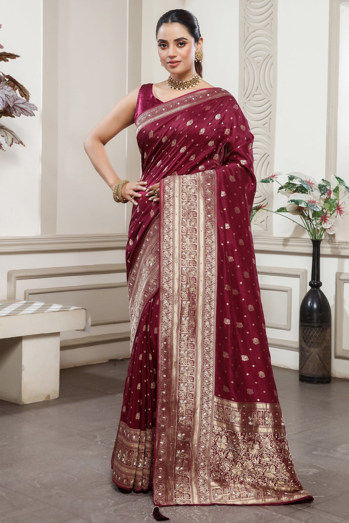 Magenta Dola Silk All Over Woven Saree featuring intricate woven patterns