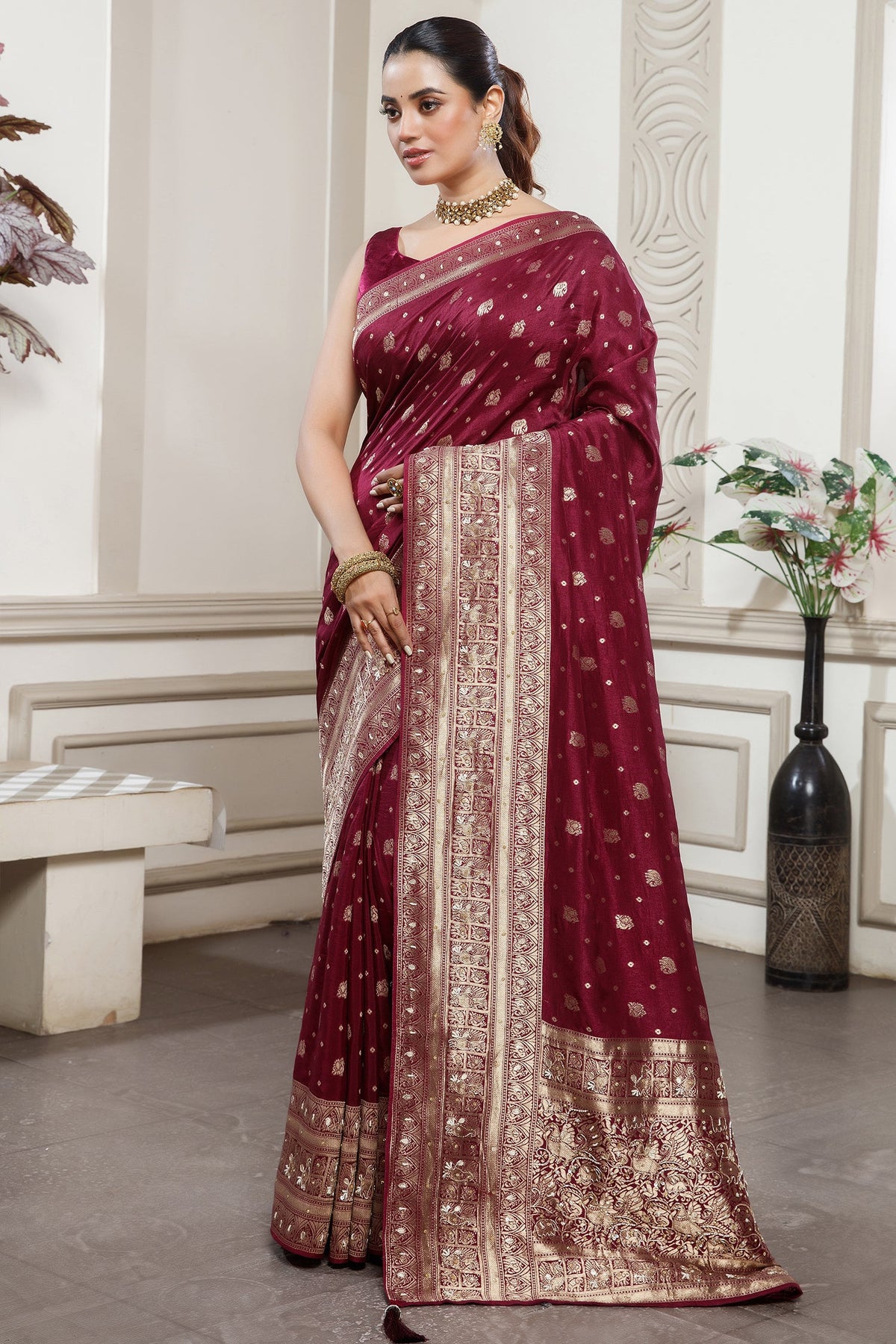 Designer Magenta Dola Silk All Over Woven Saree for festive celebrations