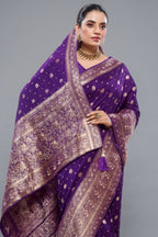 Close-up of the stunning handworked pallu and border on the Deep Violet Purple Dola Silk All Over Woven Saree
