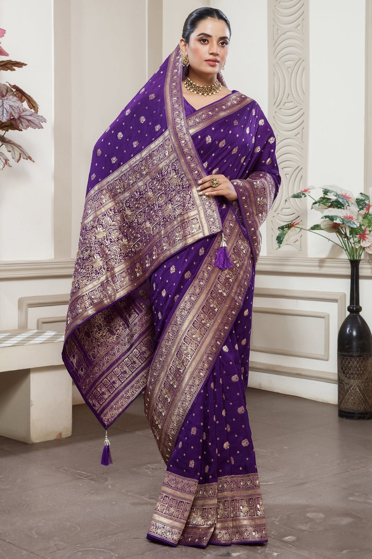 Designer Deep Violet Purple Dola Silk All Over Woven Saree for festive celebrations