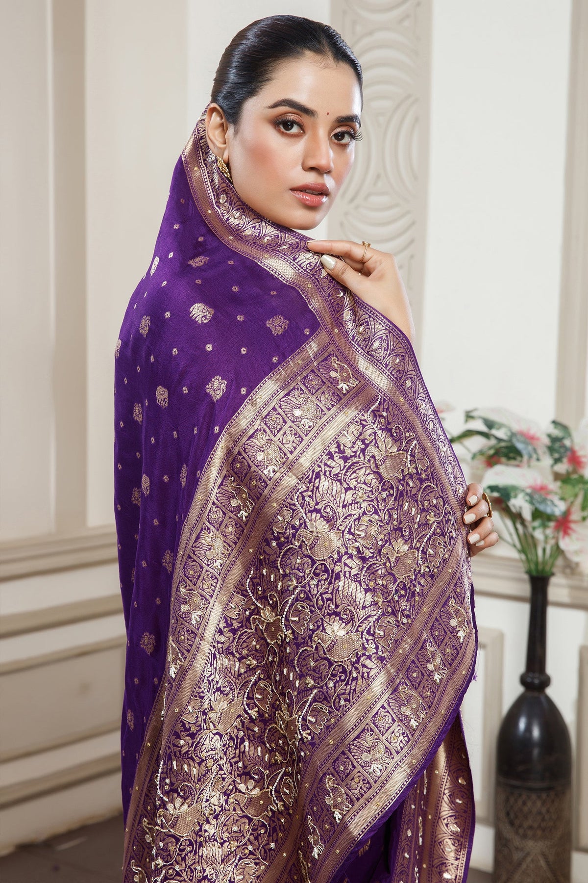 Designer Deep Violet Purple Dola Silk All Over Woven Saree for festive celebrations
