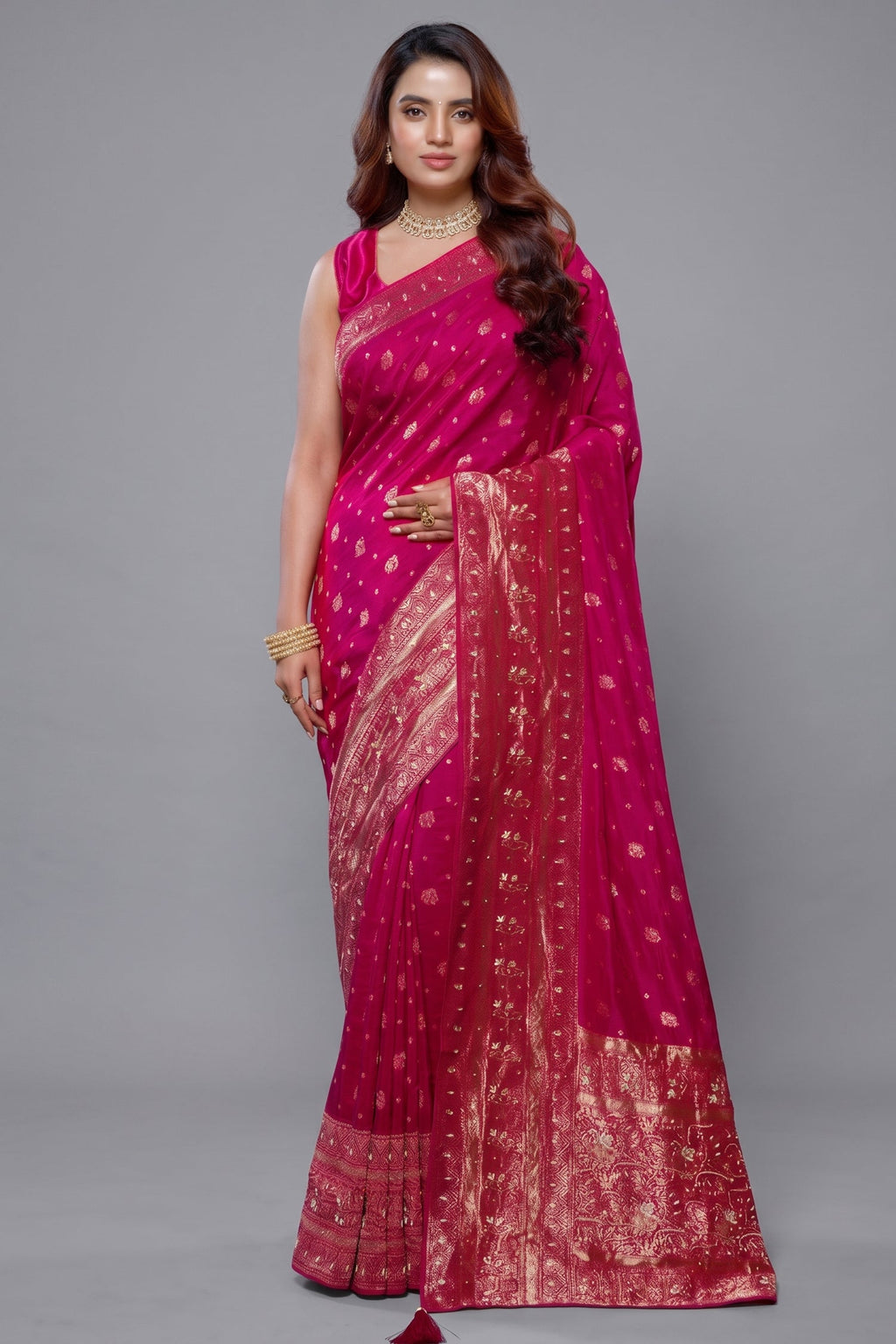 Rani Pink Dola Silk All Over Woven Saree