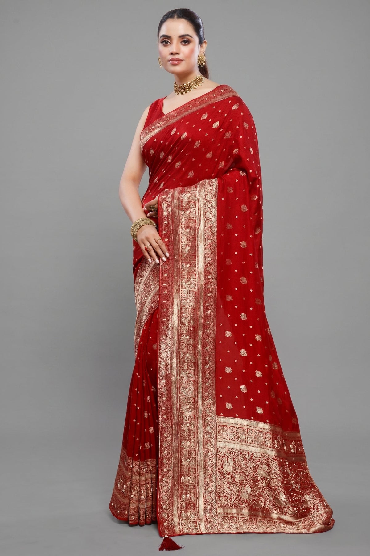 Red Dola Silk All Over Woven Saree - Front View