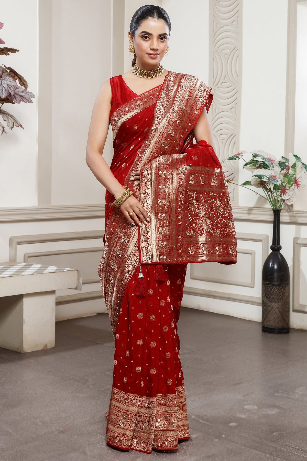 Designer Red Dola Silk All Over Woven Saree for festive celebrations