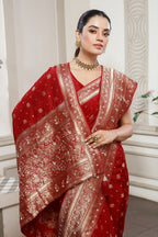 Designer Red Dola Silk All Over Woven Saree for festive celebrations