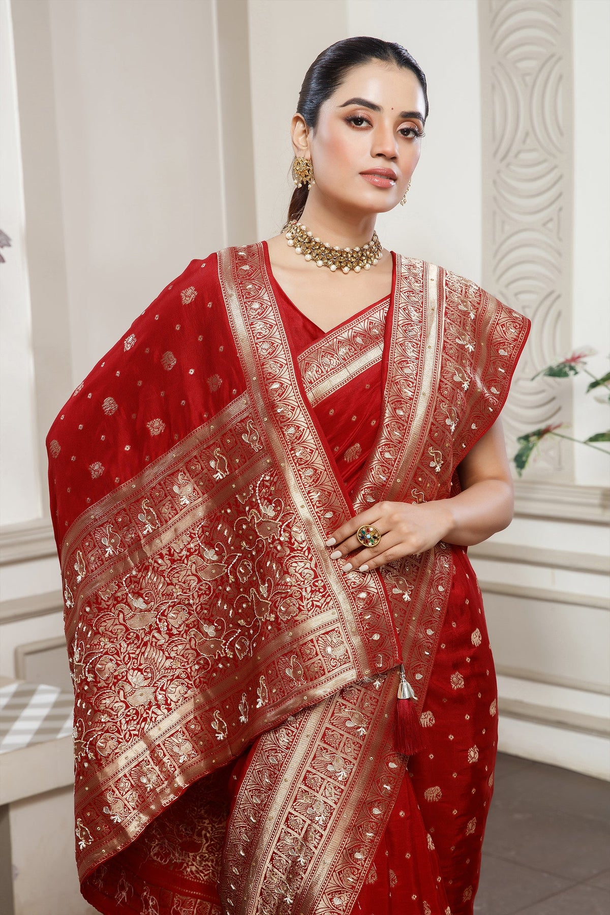 Designer Red Dola Silk All Over Woven Saree for festive celebrations