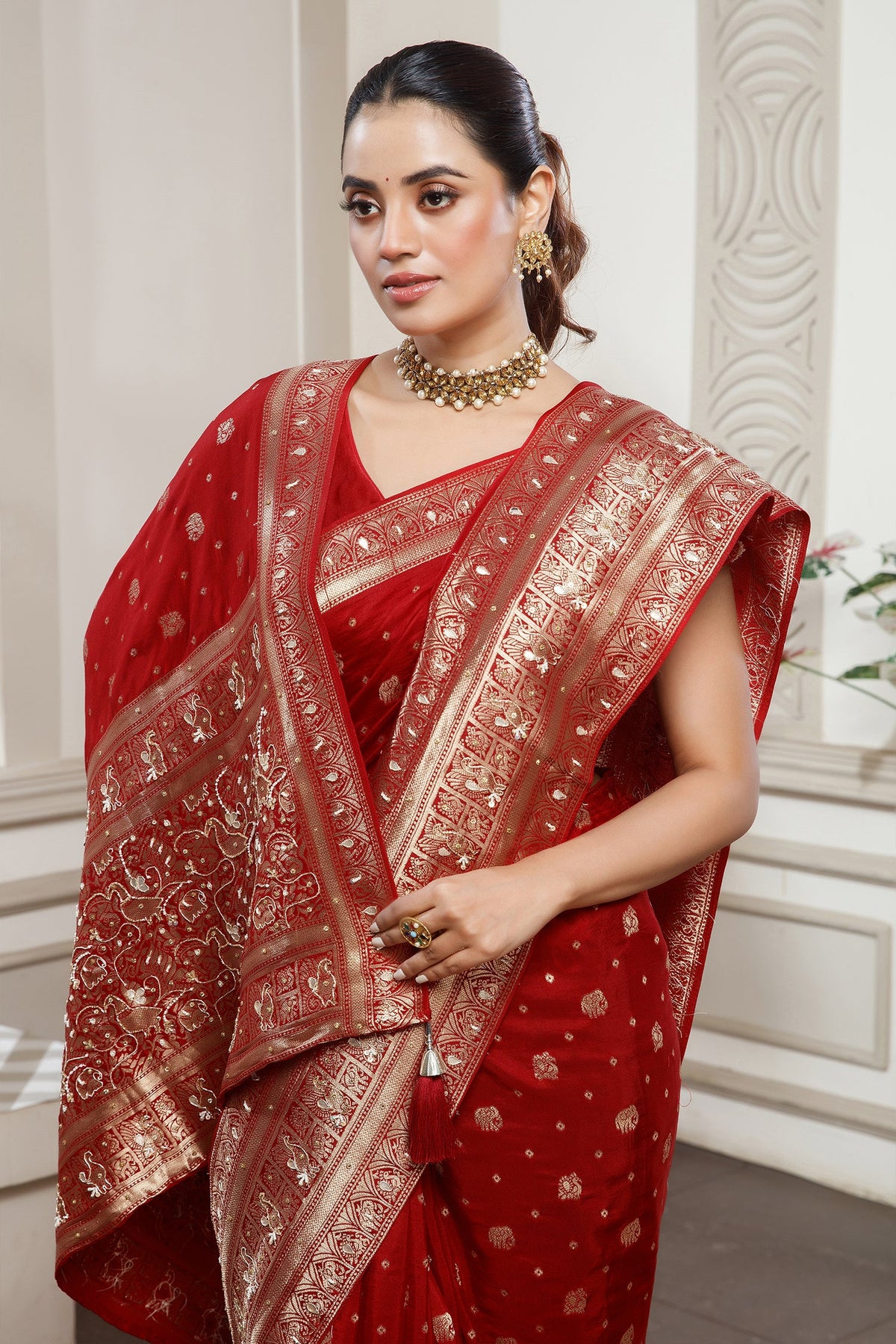 Designer Red Dola Silk All Over Woven Saree for festive celebrations