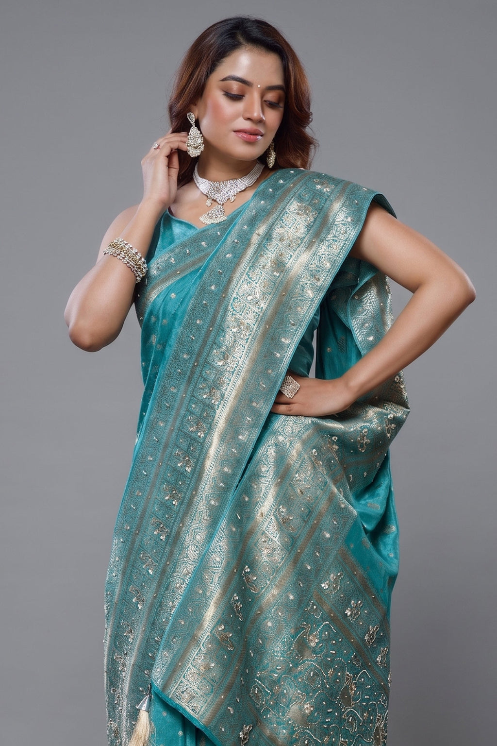 Close-up of the stunning handworked pallu and border on the Sky Blue Dola Silk All Over Woven Saree