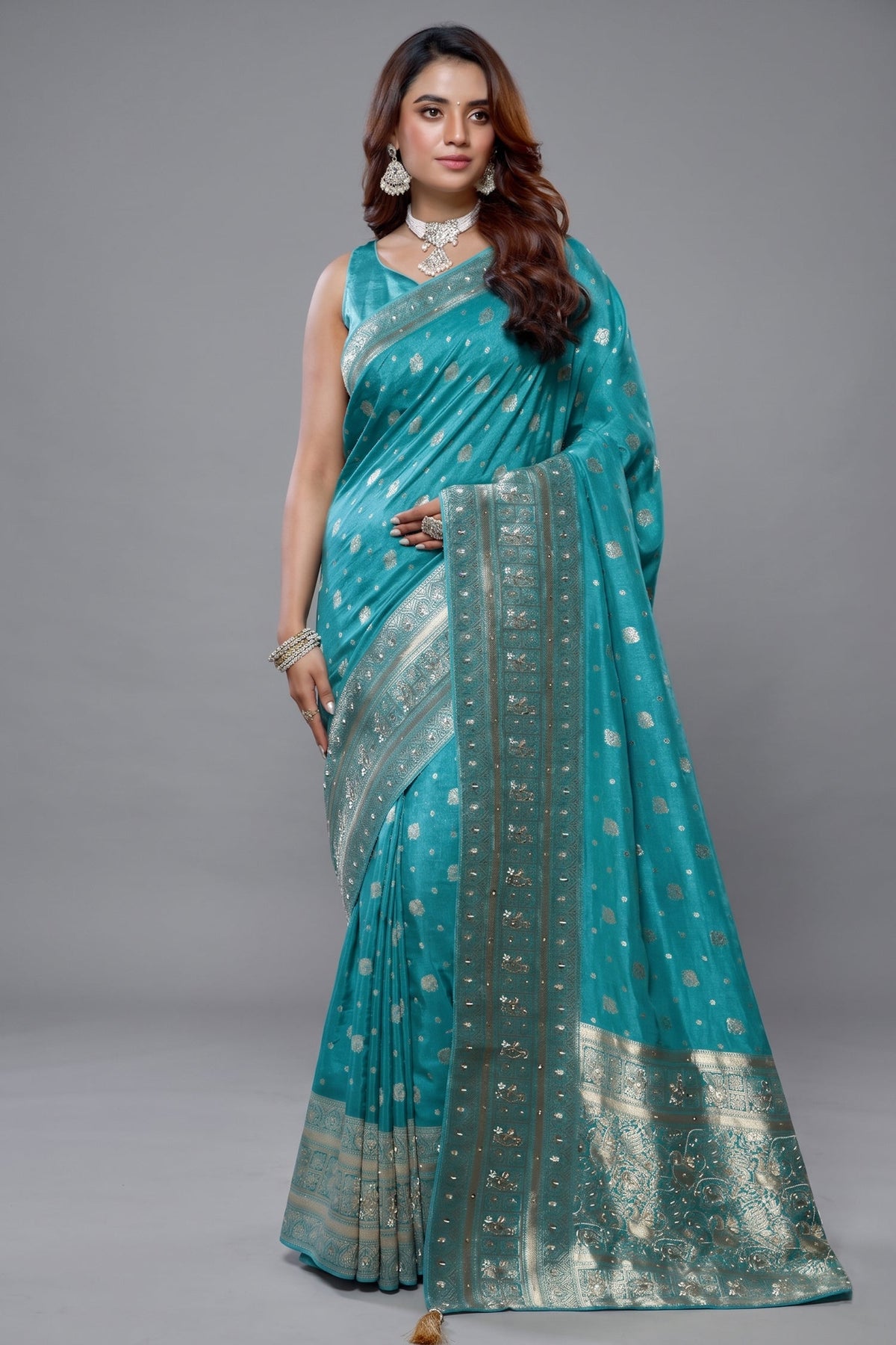 Sky Blue Dola Silk All Over Woven Saree - Front View