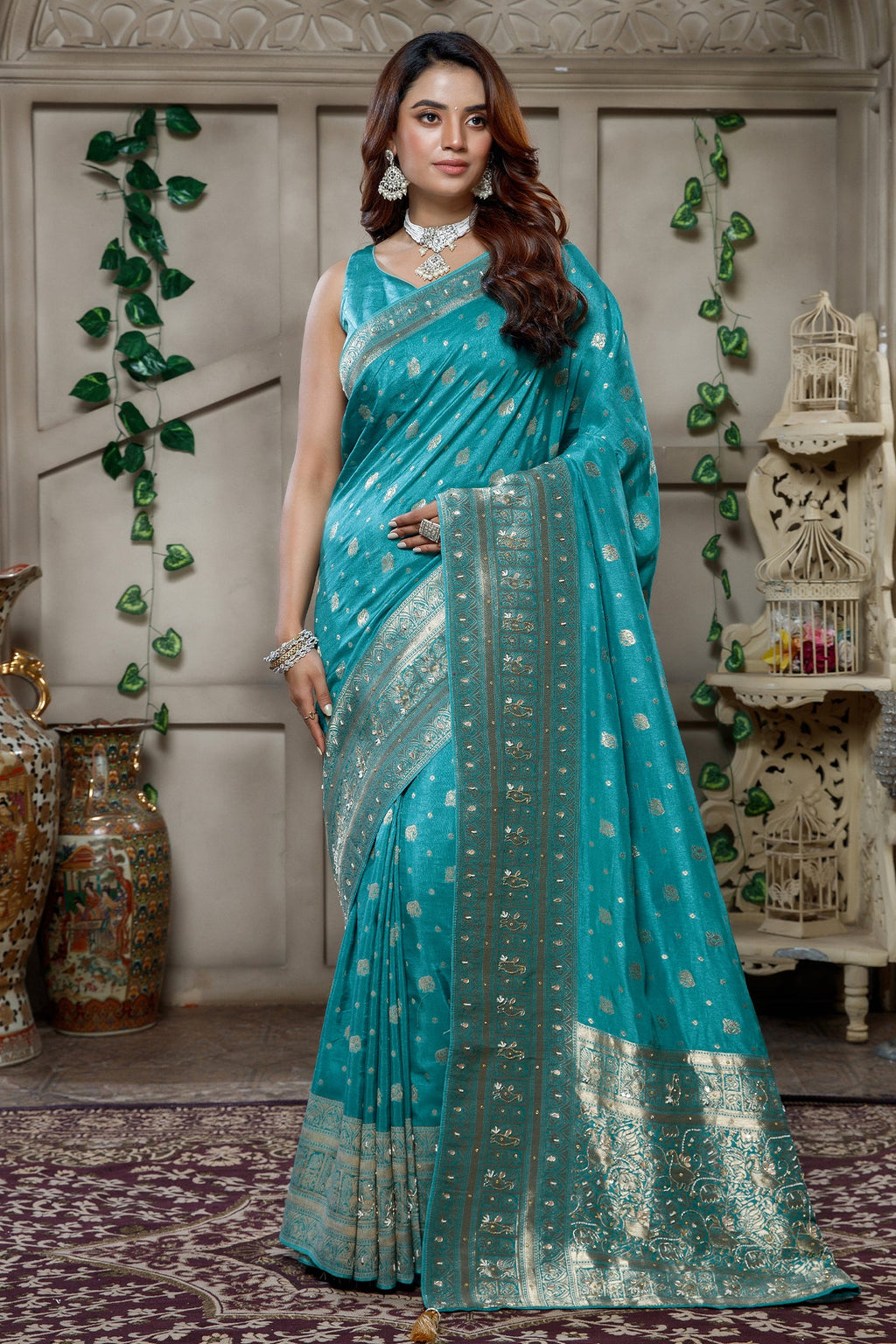 Designer Sky Blue Dola Silk All Over Woven Saree for festive celebrations