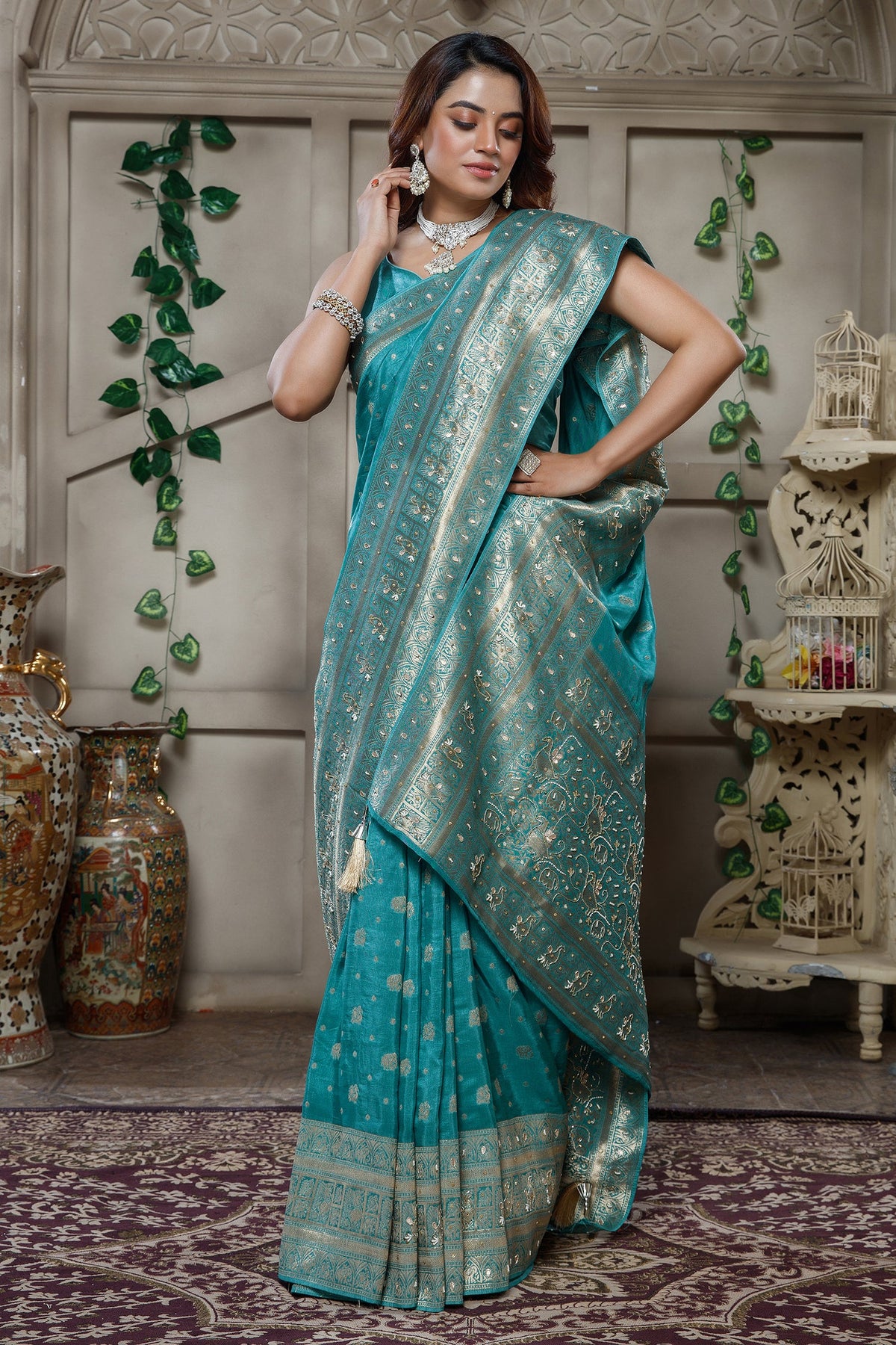 Designer Sky Blue Dola Silk All Over Woven Saree for festive celebrations