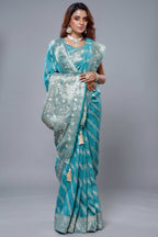 Sky Blue Dola Silk Lehehriya Saree - Front View