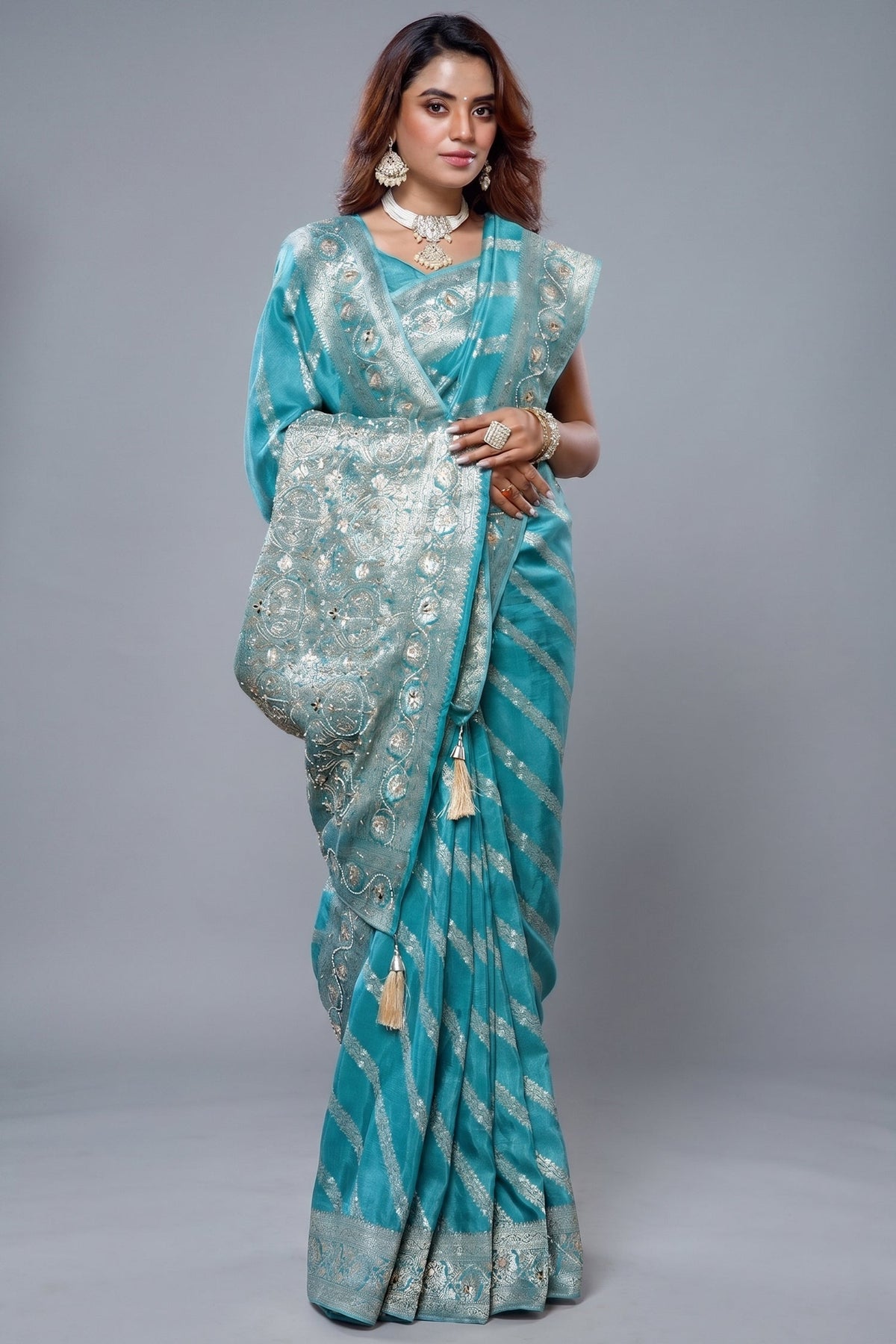 Sky Blue Dola Silk Lehehriya Saree - Front View