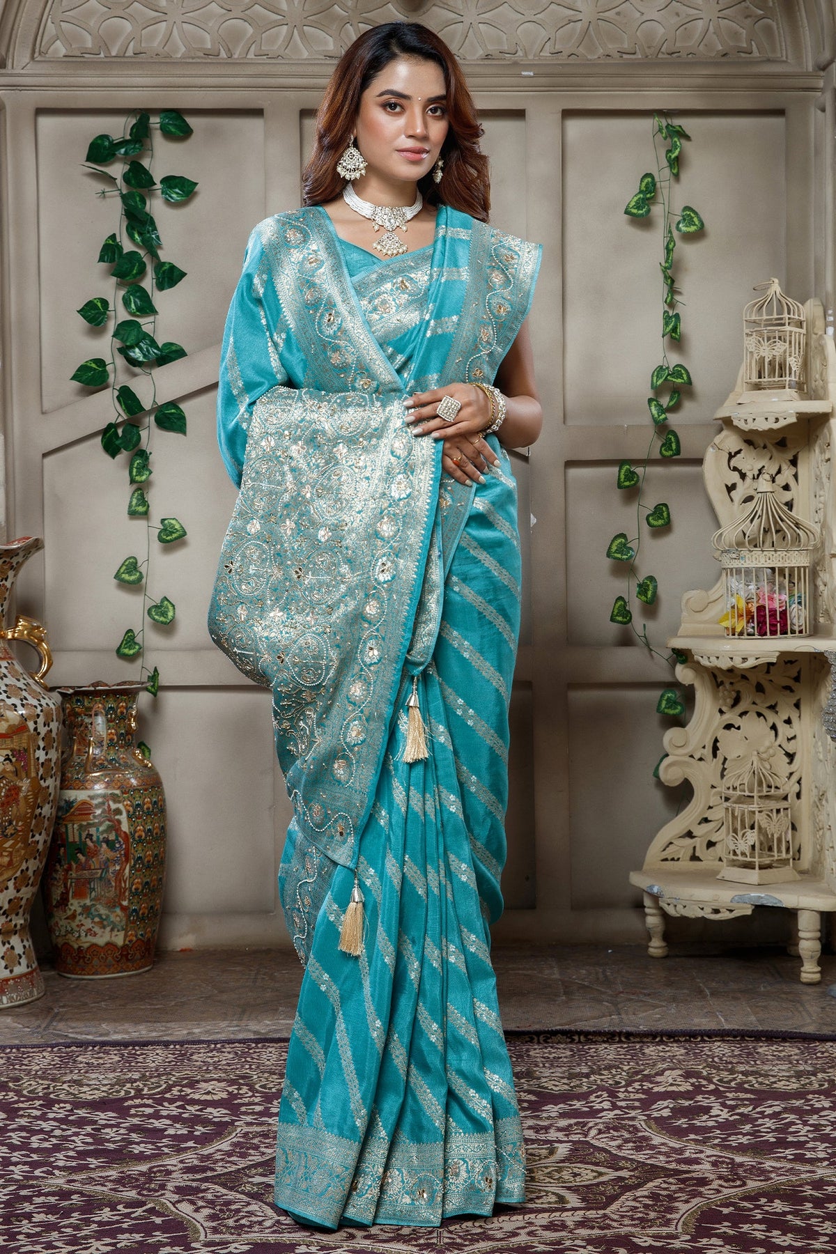 Sky Blue Dola Silk Lehehriya Saree - Front View