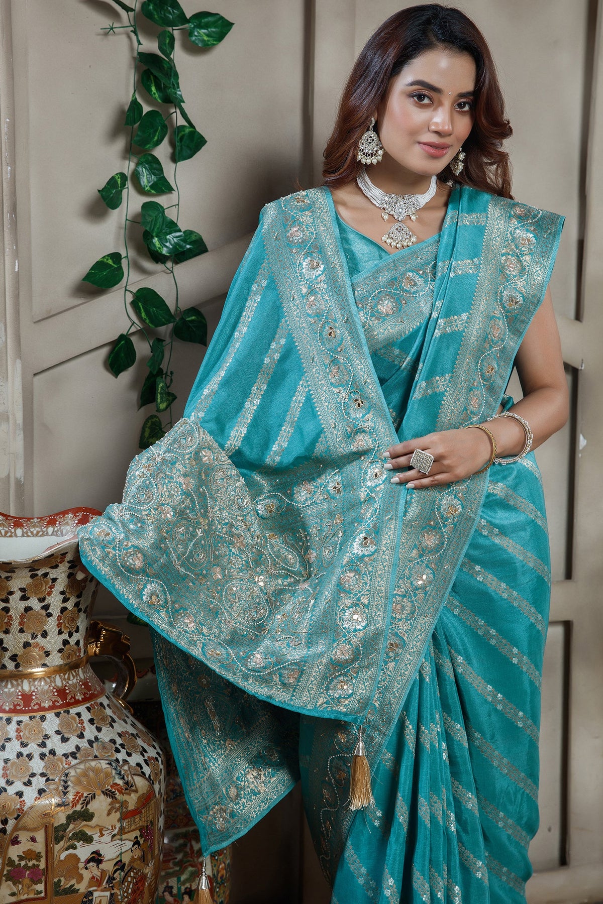 Designer Sky Blue Dola Silk Lehehriya Saree for festive celebrations