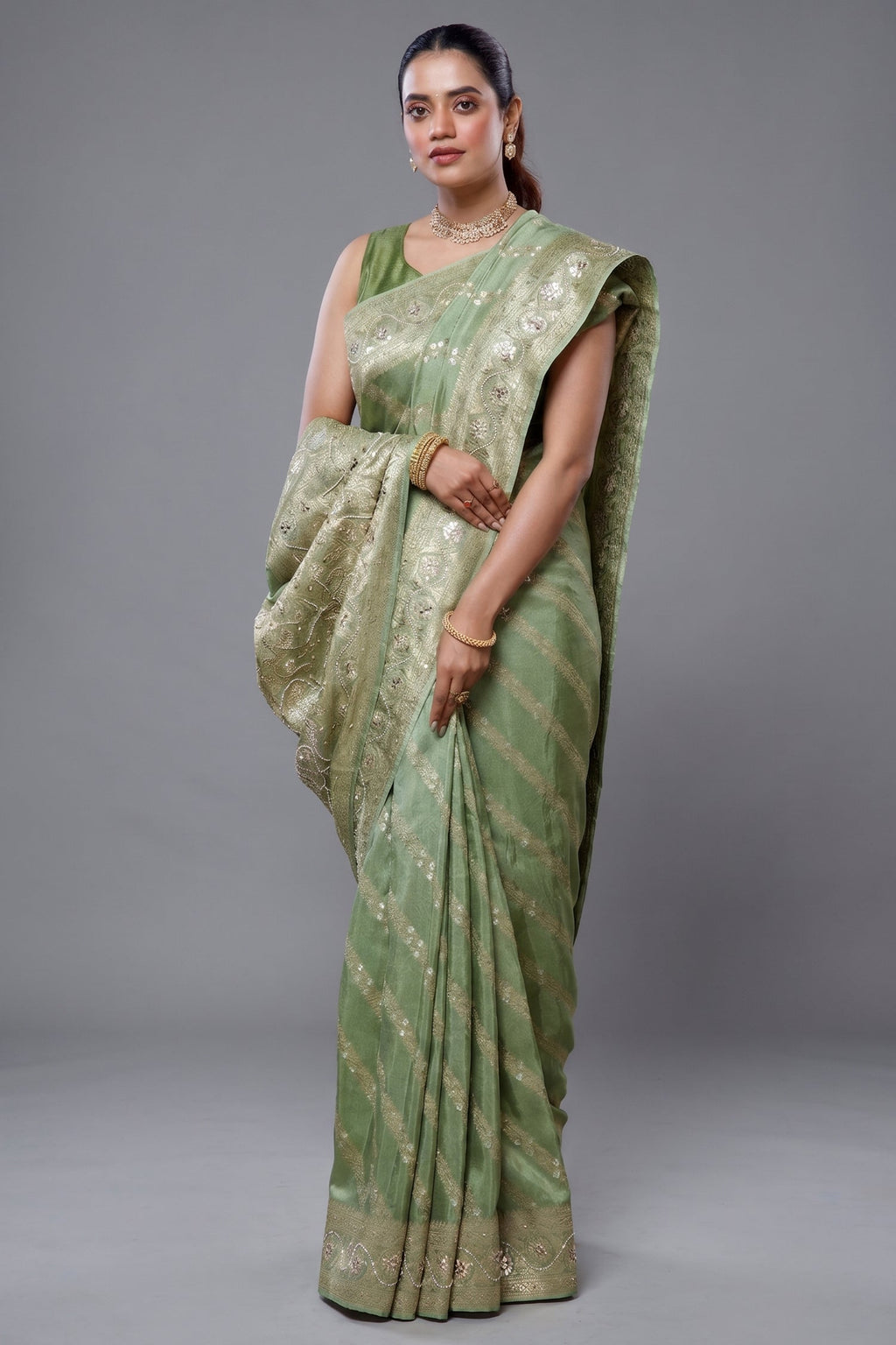 Light Pista Dola Silk Lehehriya Saree - Front View