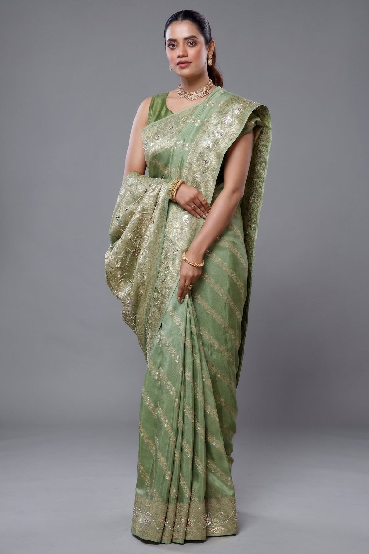 Light Pista Dola Silk Lehehriya Saree - Front View