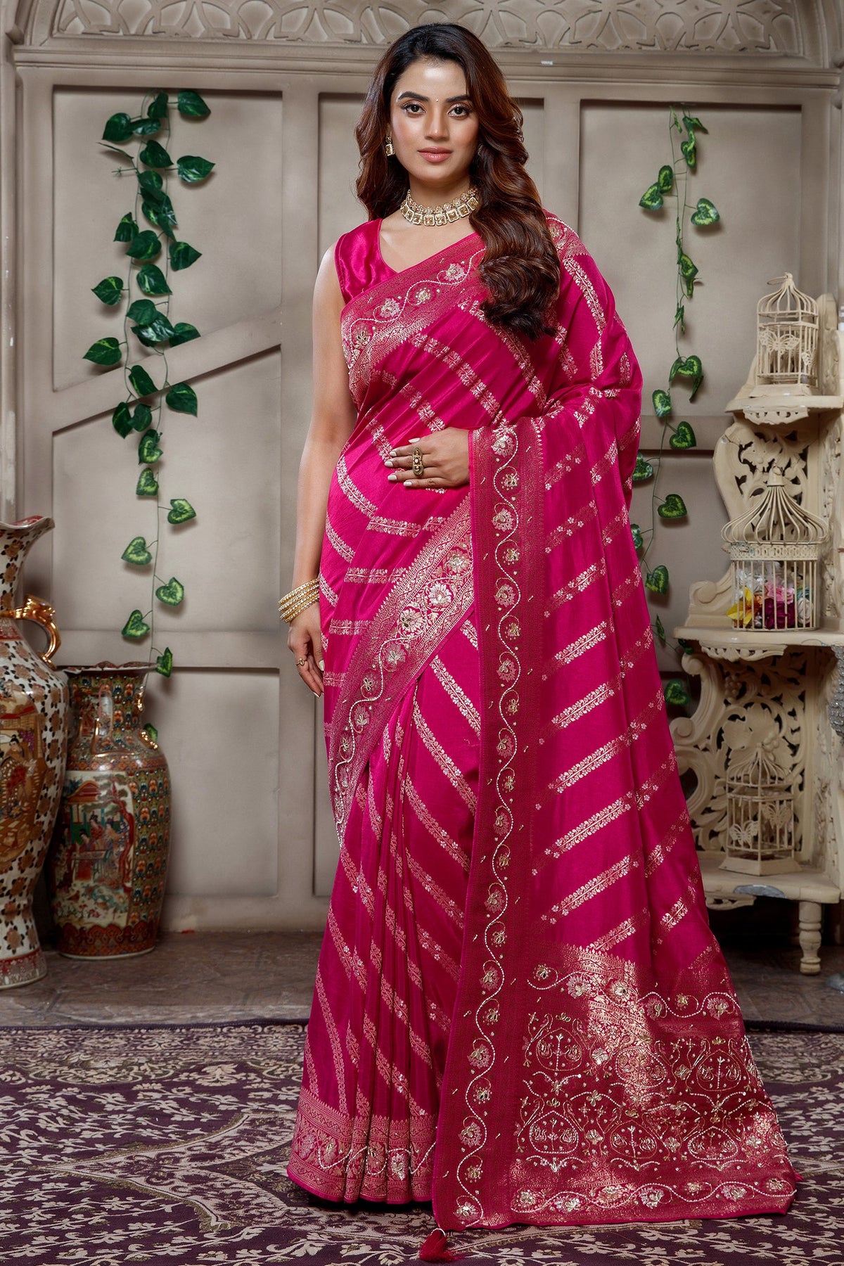 Designer Rani Pink Dola Silk Lehehriya Saree for festive celebrations
