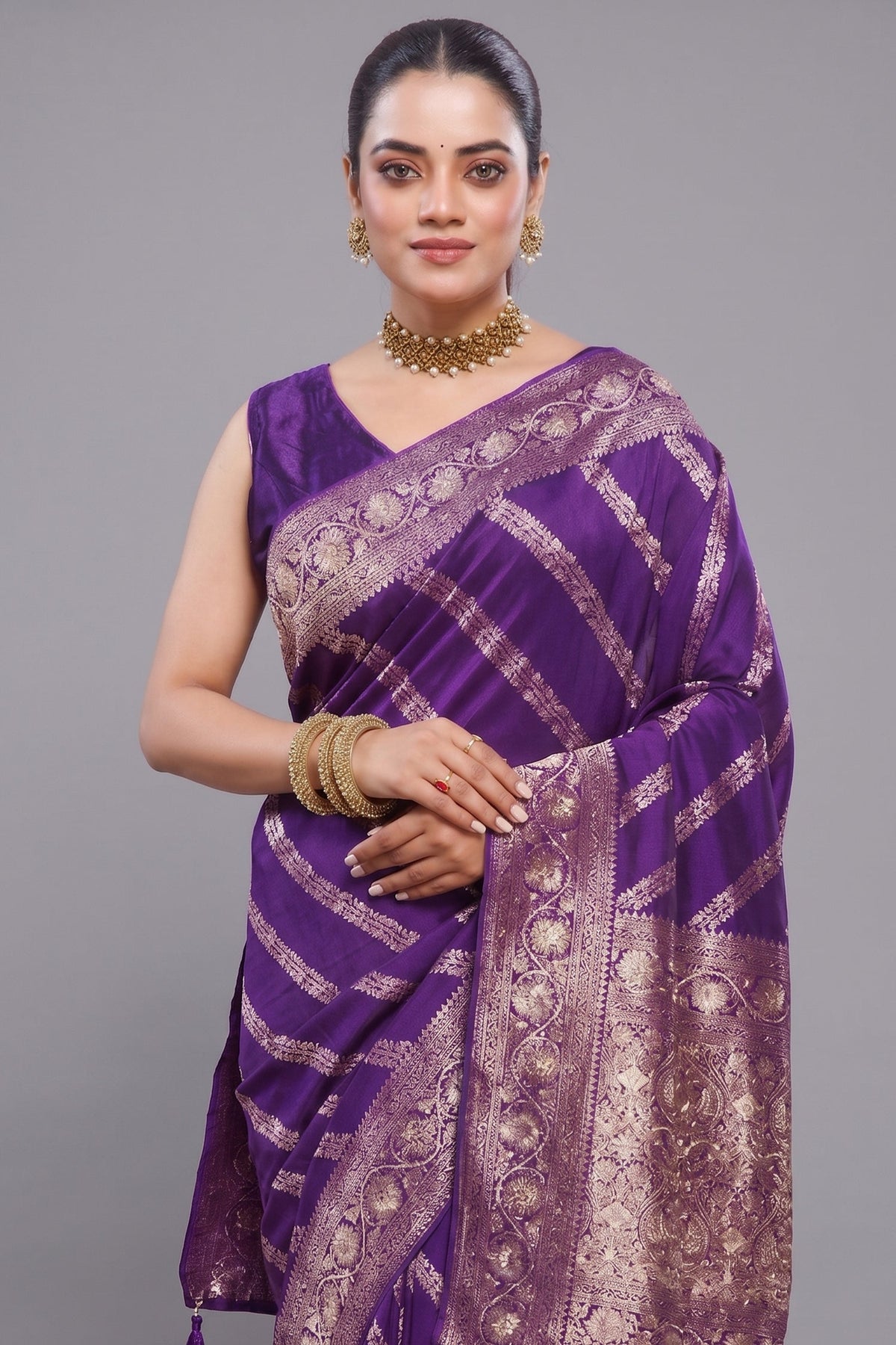 Close-up of intricate beaded details and gota work on the Violet Purple Dola Silk Lehehriya Saree