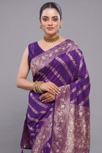Close-up of intricate beaded details and gota work on the Violet Purple Dola Silk Lehehriya Saree