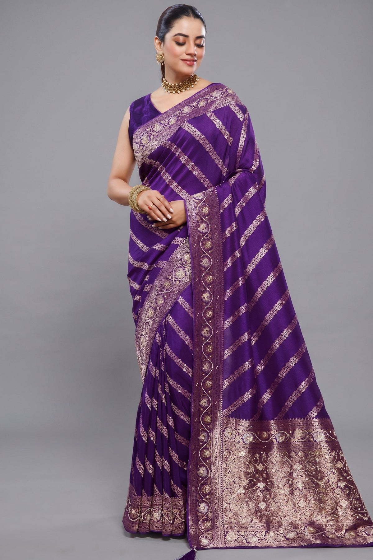 Violet Purple Dola Silk Lehehriya Saree - Front View