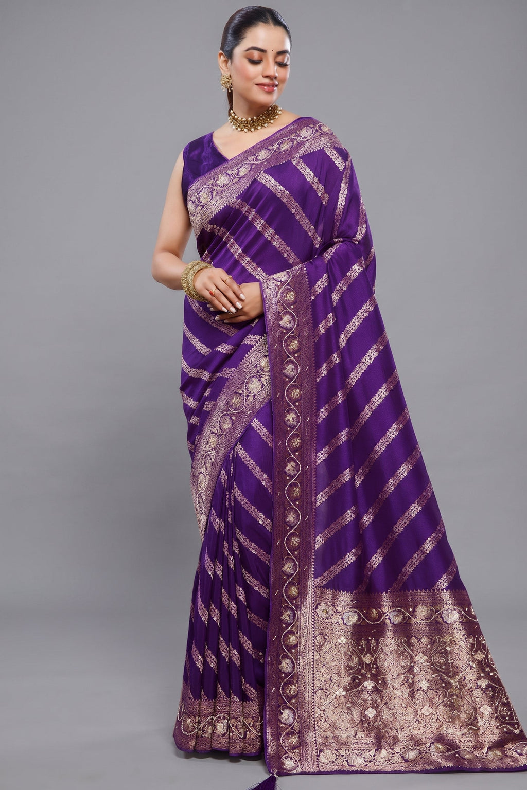 Violet Purple Dola Silk Lehehriya Saree - Front View