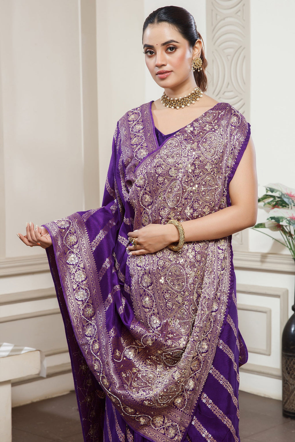 Designer Violet Purple Dola Silk Lehehriya Saree for festive celebrations