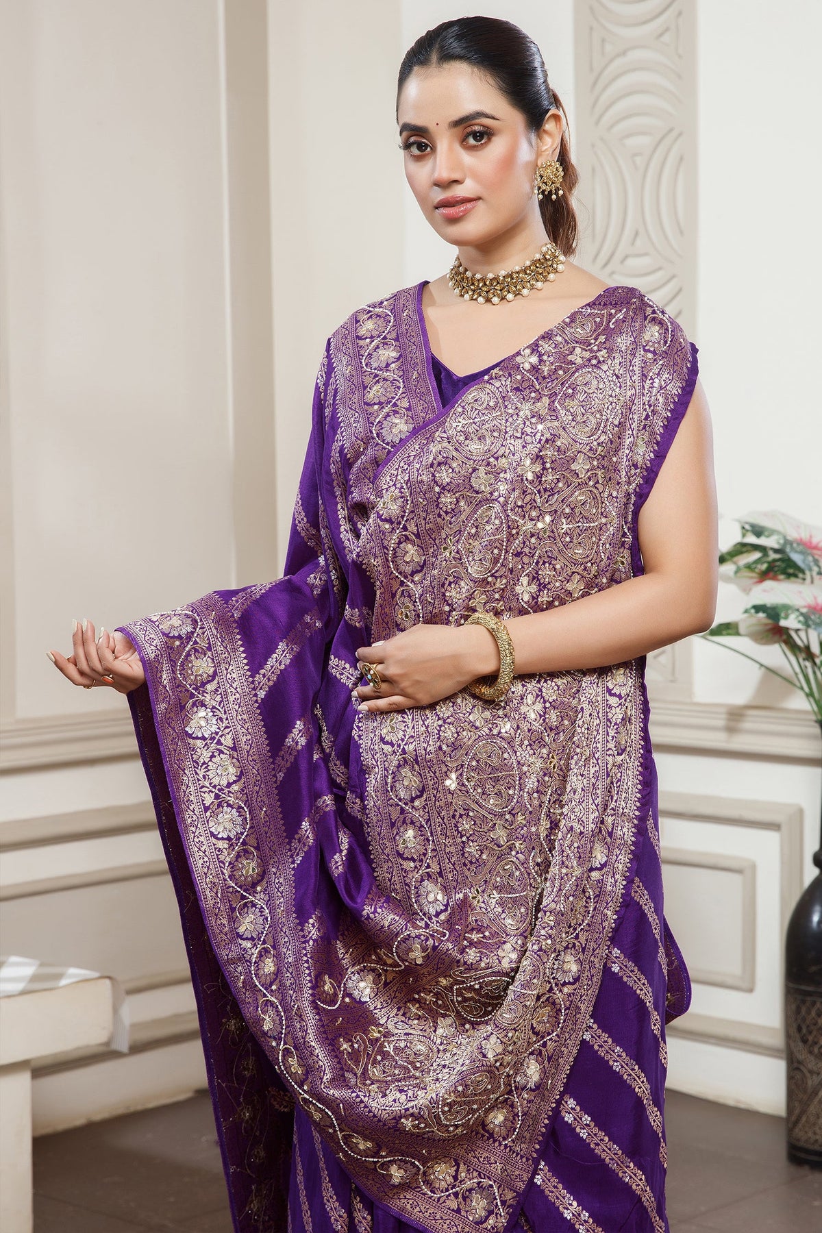 Designer Violet Purple Dola Silk Lehehriya Saree for festive celebrations