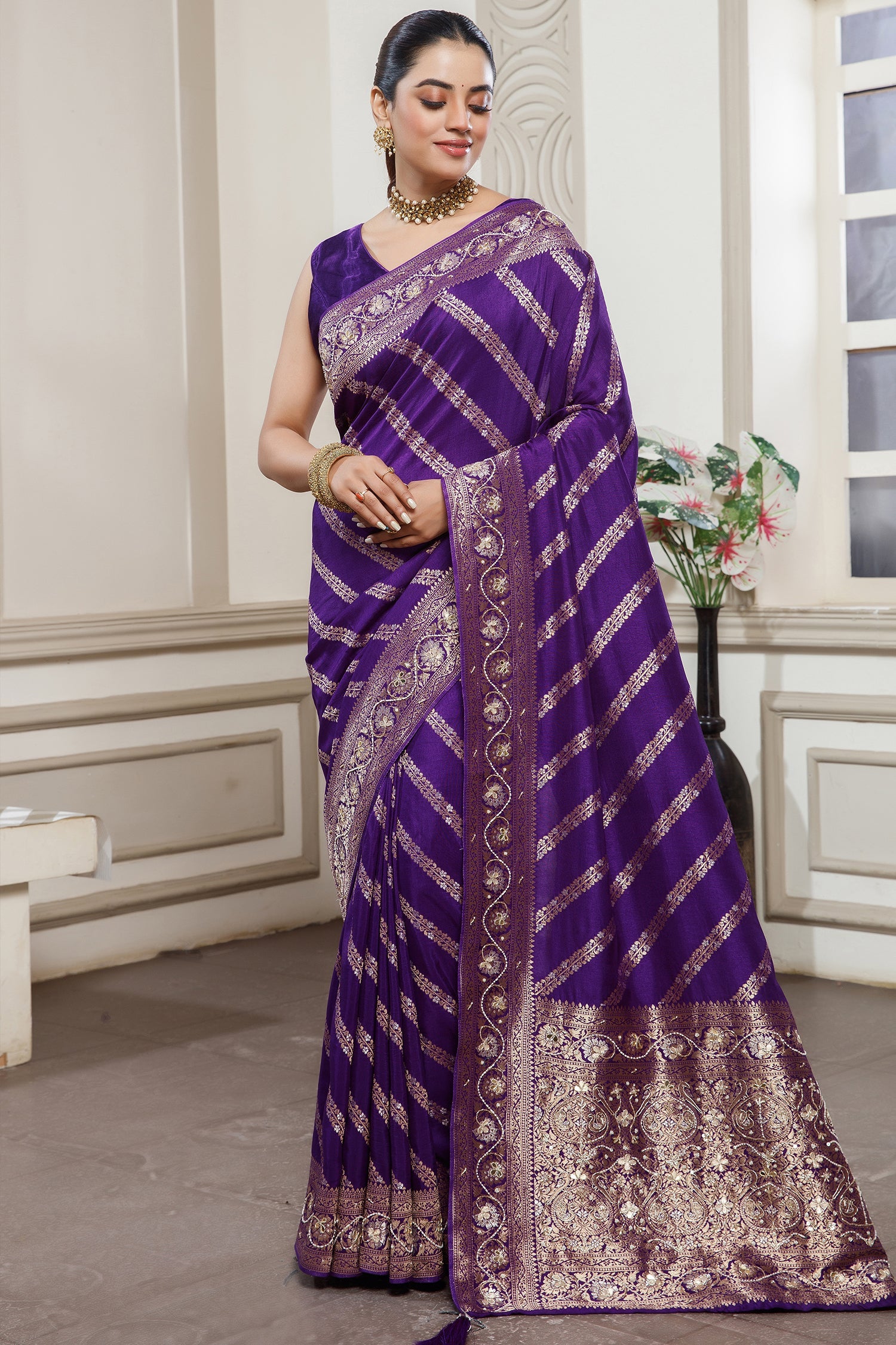 Designer Violet Purple Dola Silk Lehehriya Saree for festive celebrations