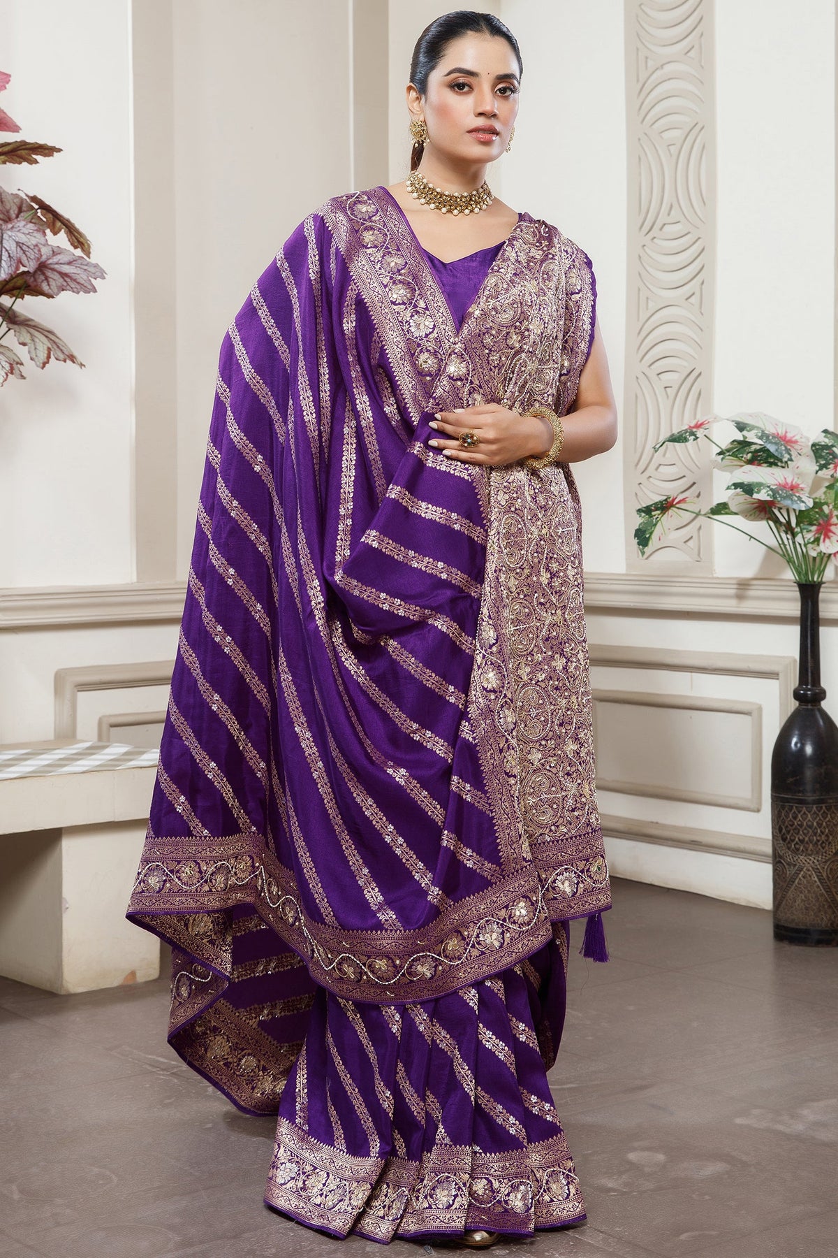 Designer Violet Purple Dola Silk Lehehriya Saree for festive celebrations