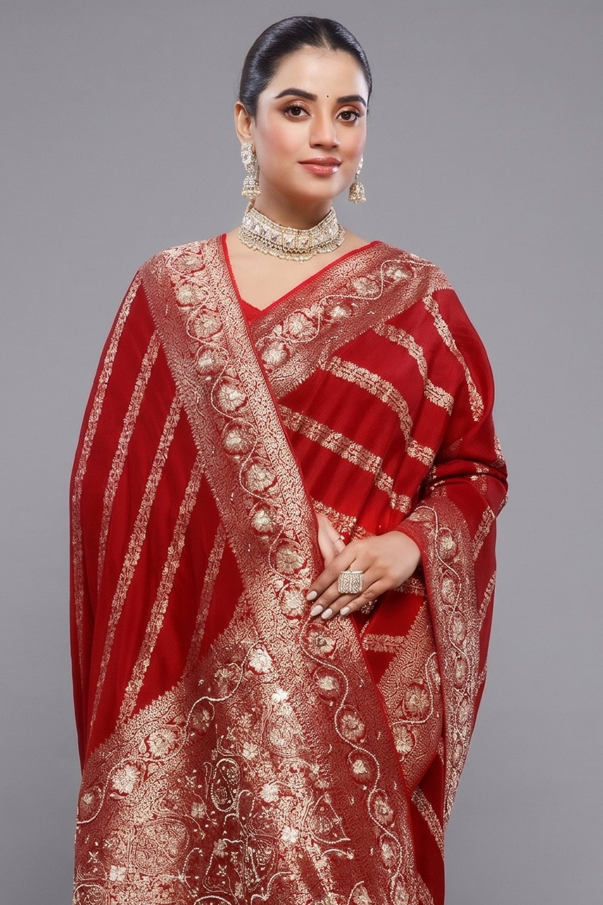 Close-up of intricate beaded details and gota work on the Crimson Red Dola Silk Lehehriya Saree