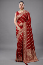 Crimson Red Dola Silk Lehehriya Saree - Front View