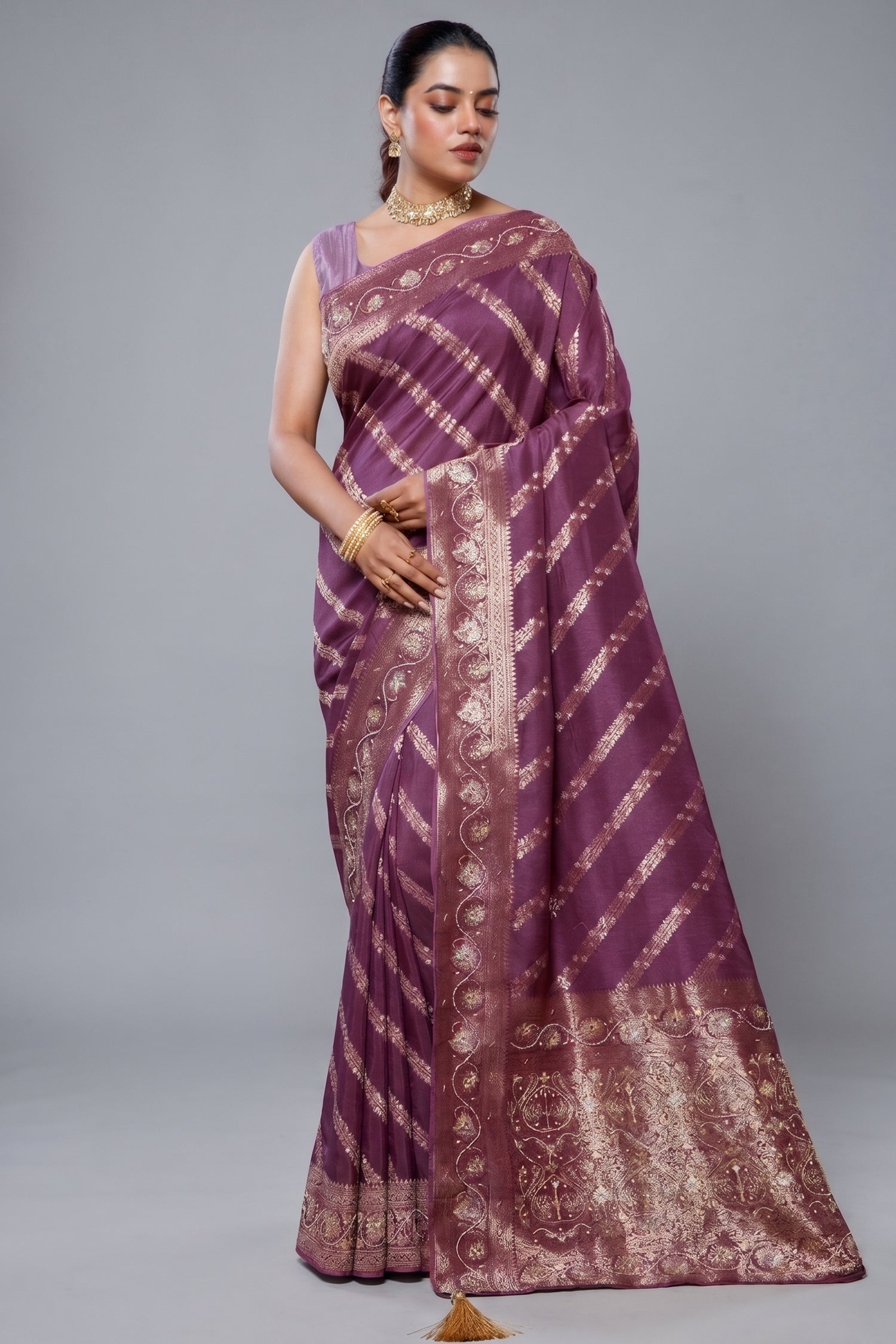 Wine Purple Dola Silk Lehehriya Saree - Front View