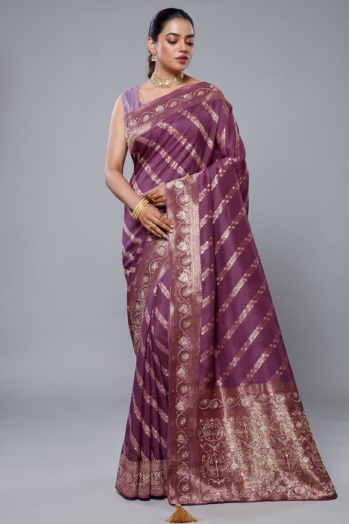 Wine Purple Dola Silk Lehehriya Saree - Front View