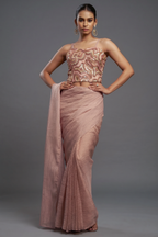 Peach Crushed Metallic Saree with Sequin-Embellished Corset Blouse