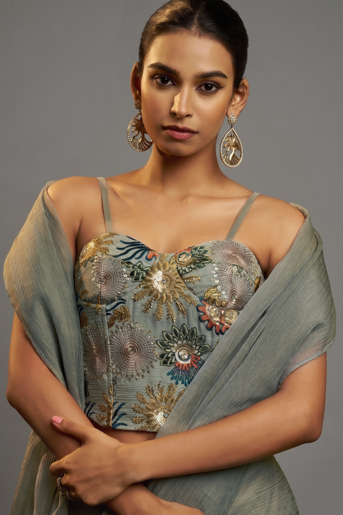 Muted Teal Crushed Tissue Saree with Hand-Embellished Blouse