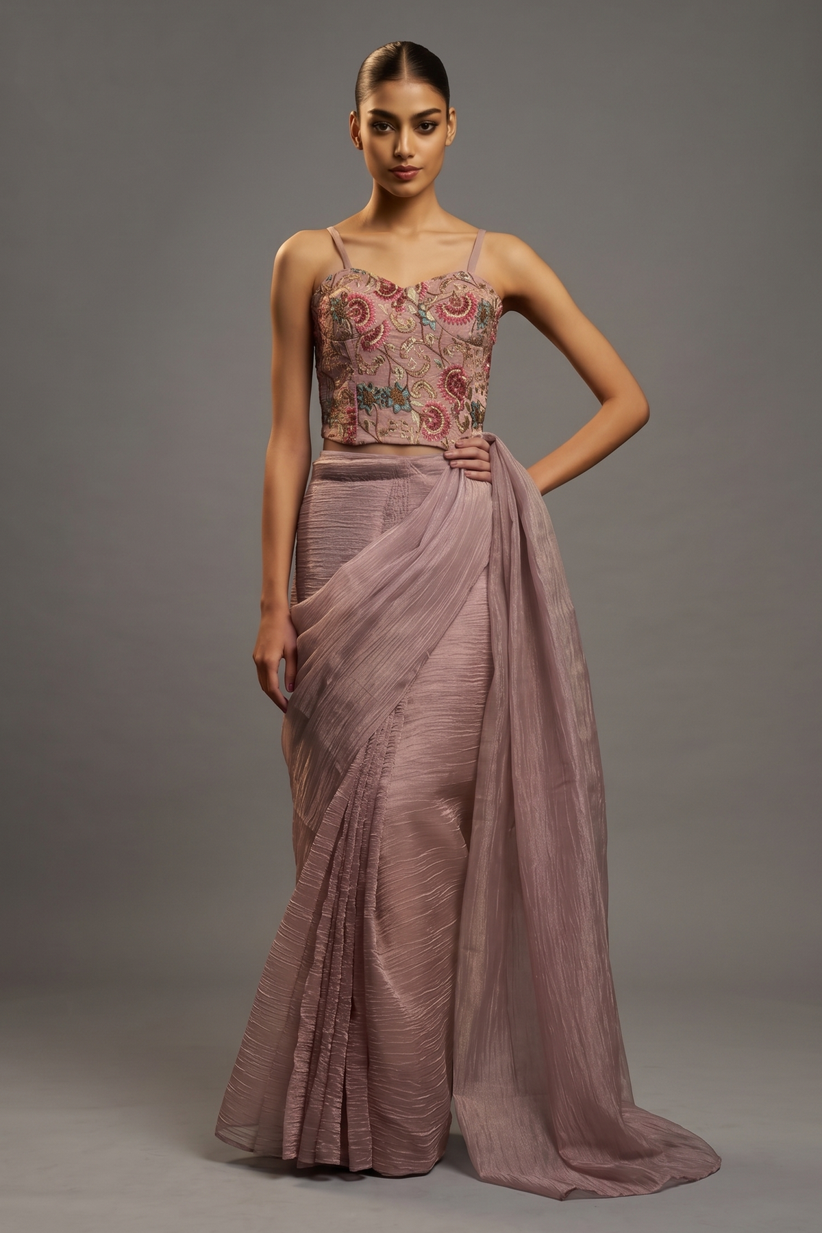 Mauve Purple Micro-Pleated Shimmer Saree with Floral Embroidered Designer Blouse