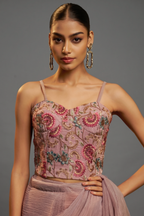 Mauve Purple Micro-Pleated Shimmer Saree with Floral Embroidered Designer Blouse
